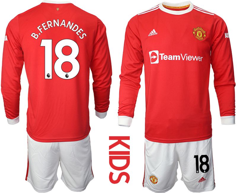 Youth 2021-2022 Club Manchester united home red Long Sleeve #18 Soccer Jersey